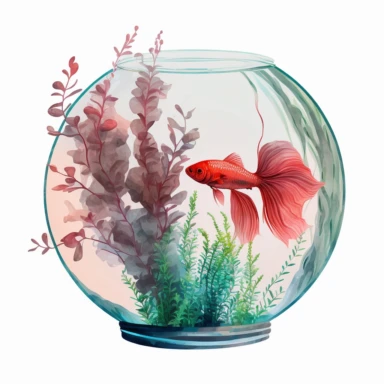 red betta fish in a round fish tank swimming in water plants, light watercolor clipart, isolated on white background, Susan Harrison, no text, no captions