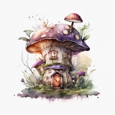 bright realistic Magical Mushroom House, lavander watercolor colors clipart style, on white background, 32k, full high definition, ultra clear image, ultra fine lines, hyper-realistic detail, whole imagine with thick black outline
