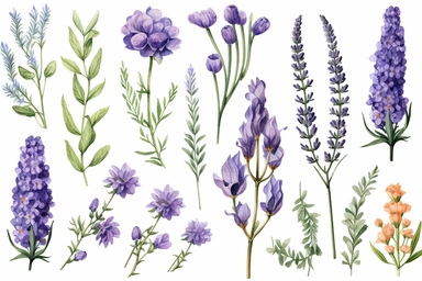 Watercolor clipart collection of matching and coordinating lavender, isolated elements on a white background with a wide margin. Highly detailed, shading, distinct flowers