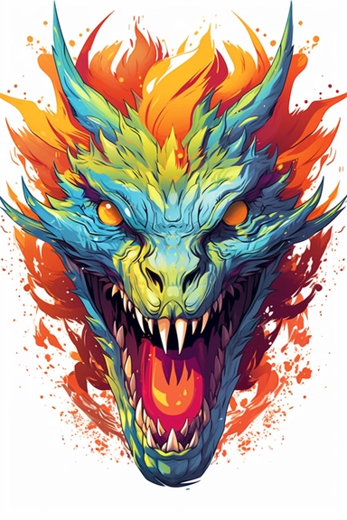 Tshirt design scary flame dragon, very vibrant colors, cartoon style, white background, clipart, 2D, colorful, HD