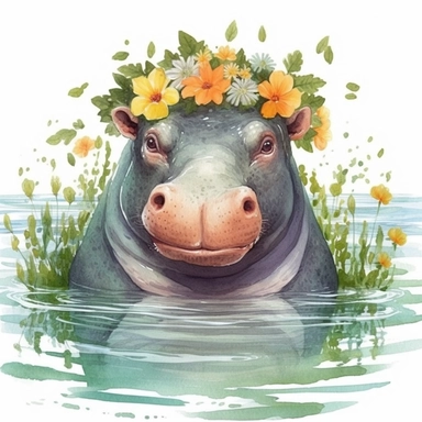 Clipart of a hippopotamus sitting in a field of water with crown of the flowers and green leaves, watercolor painting, white background, featured on pixiv, computer art, watercolor, digital illustration, detailed painting, realistic