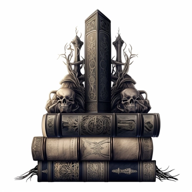 Create an impressive clipart of a clean, dark wizard's book stack on a pure white background. The design should incorporate elements of the gothic and fantasy genres, with dark hues and ornate designs on the books' spines. The lighting should be moody and shadowy, with a focus on the intricate details of the books' covers. The book stack should be perfectly symmetrical to create a sense of order and balance. Use a macro lens to capture the intricate details of the books' designs and play with th