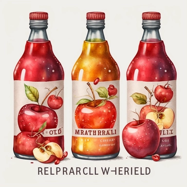 watercolor bottles of red apples cider, set of 3 cliparts, 8k, solid background