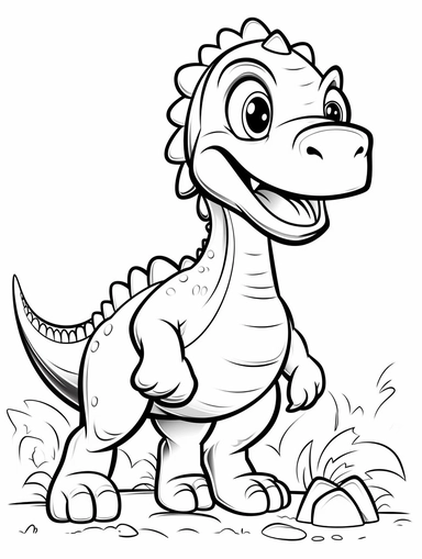 outline drawing of a friendly dinosaur, kids coloring book, basic shape, clipart, full body visible, black and white
