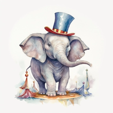 hand drawn Disney’s dumbo the elephant, 1920’s circus, glamorous, very detailed and realistic, watercolor, clipart style, white background with margins