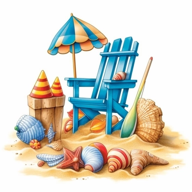 beach shore, shells, beach ball, chairs, towels, sand castle clipart