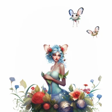 a whimsicel beautiful Fairy Closeup face, big blue deep eyes, with high detailing with facial hare and lips, laughing , a big Ladybugs sitting on her hand, Clipart on a white background