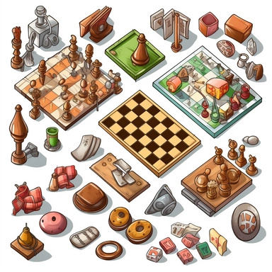 Design a clipart set that depicts various board games, such as chess, checkers, Scrabble, Monopoly, and Candyland. Add extra details to the clipart, such as players playing the games, boards, dice, cards, and game pieces to make the games appear more realistic. Consider different angles, such as close-ups of the board or game pieces, to showcase the finer details.