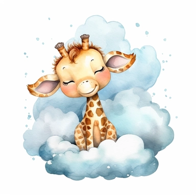 a captivating watercolor clipart image with a white background and white margins, featuring a cute sweet kawaii extremely happy smiling cartoon baby giraffe sleeping on a cloud, full body. The ultra-detailed, hand-drawn elements capture the details. Use vibrant shades of various colors to create a visually appealing image