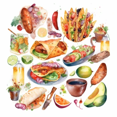 mexican food theme watercolor clipart white background