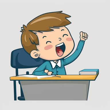 side view, classroom, school boy in blue sitting in a desk, talking, arms up, asking, open mouth, close up, in clipart artstyle
