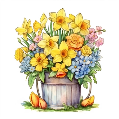 Design a unique hand-drawn watercolor clip art image of a family gift niche adorned with birth flowers. Customize the image for a family of six: a March baby (Daffodil), a June baby (Rose), a July baby (Water Lily), an August baby (Poppy), a September baby (Morning Glory), and a November baby (Cosmos). Pay attention to the composition, ensuring that the birth flowers are arranged in an aesthetically pleasing manner that showcases the beauty of each individual flower.