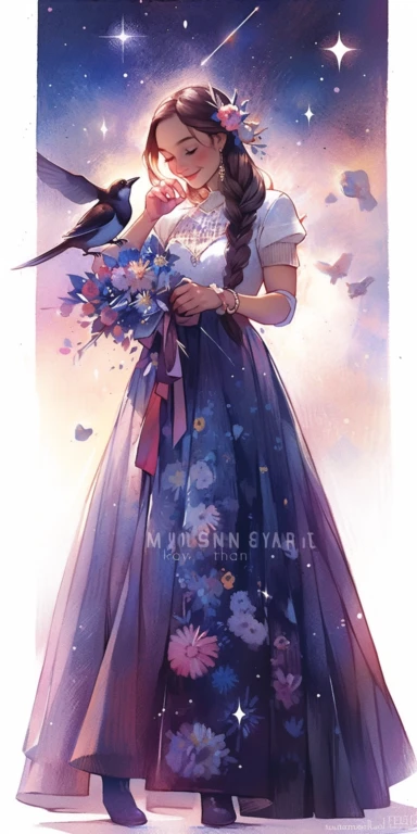 Watercolor beautiful feathers and flowers, stars and universe, beautiful girl, with smile, Full body, face side, fantasy illustration, perfect face, with beautiful face and with stars, beautiful brown hair, beautiful face, love, vintage long dress, vivid vibrant colors, intricate detail, hyper detailed, hyper quality, 32K, unreal engine, isolated on white background, kawaii, clipart, fantasy art