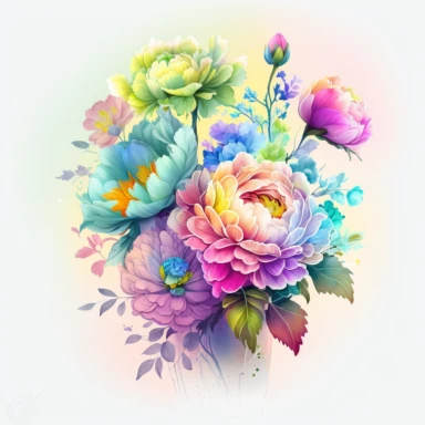 soft colorful neon pastel colored floral arrangement clipart, soft and subtle, colorful neon fairy pastel colors watercolor style, fawncore, plain white background, colorful neon pastel roses peonies gerberas tulips, excellent depth of shading in soft watercolor style, neon pastel colorful soft watercolor artwork, plain white background for transparent editing