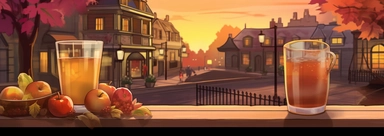 Tourism Illustration. Create an illustration of a small, open-air street bar in a picturesque American town during the fall season. The bar is serving fresh apple cider and spiced apple cocktails, representing the scent's top and middle notes of cinnamon, clove, and apple. Place the bar in a scenic town square adorned with autumnal decorations like cornucopias, colorful leaves, and warm string lights. Nearby trees are ablaze with the colors of autumn. To the side, we see a table with baked goods