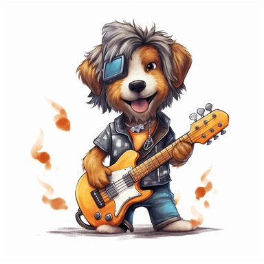 cute Dog character wearing rock music clothes and music element with happy face,front facing on isolated background,with happy face and expression,Animal Sublimation Clipart,no splash watercolor,white background, ultra detailed clipart, cut out image, colorful watercolor realistic, cartoon style, ultra HD, sharp and clean art