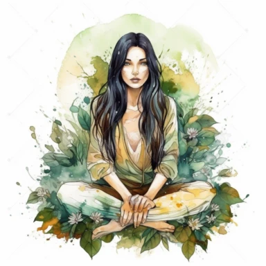 bohemian girl with long black hair, green eyes, sitting in lotus position , in the style of mucha, in the style of realistic watercolor, watercolor clipart on white background,die cut on white background, 8k, Job ID: 604300f4-6984-4a9a-aa16-00313a985d77 Seed: 1300855054 8k, ar 4:5