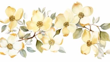 Watercolor clipart of delicate golden dogwood flowers, branches and leaves, on white background