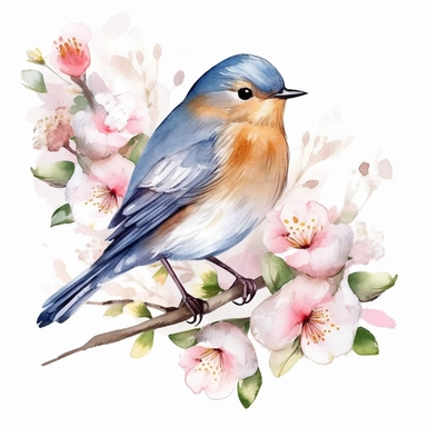 Watercolor Bird Clipart, Spring Bird, centered, Colorful Bird, Bird On Branch with flowers, Cute bird PNG, isolated on white background. no text, no caption,--q2