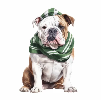 high detailed, Hand drawn watercolor clipart of a Bulldog In Italy, on a pure white background for background removal, no shadow, no paint splash