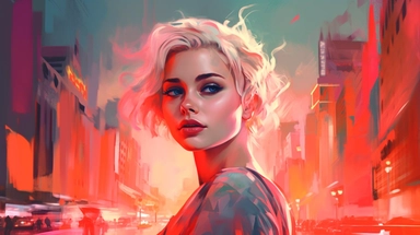 beautiful stunning pretty vintage, futuristic bladerunner style young woman, paint art style, clipart, city landscape background, superrealistic, one of a kind