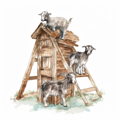 baby dwarf Nigerian goats playing on the A-frame, very detailed and realistic, watercolor, white background with margins, clipart style