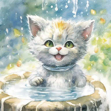 watercolor illustration, smiling with an open mouth kitten with a towel over the kitten's head and enjoying a hot spring, surrounded by gentle steam rising from the onsen water, feeling the pleasant sensation. Small bubbles dance through its fur, creating a mysterious yet beautiful sight. The cat stretches out, gradually unwinding, as the warmth of the onsen melts away the tension in its muscles. It gracefully savors the serene atmosphere and the gentle touch of nature, embracing the tranquility