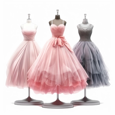 2d illustration of 4 prom dresses, fashion illustration, clipart, illustration, spaghetti strap dress with ball gown petticoat, pink tulle, on mannequin, white background, 360dpi, chaos 90