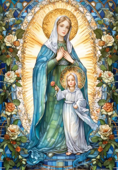 A sharp photograph of an expensive portrait, pay particular attention to the shape of your hands, less watercolor stained glass Madonna and child with matching crowns full body clipart, the Madonna is wearing a medium aquamarine blue mantle with bright white stars on it and the child is wearing a bright white robe, behind them is shimmering bright light, around many blue roses, highly detailed, white background, in the style of Catholic religious art, artist Andrea Lezcano, Vincent Van Gogh, in 