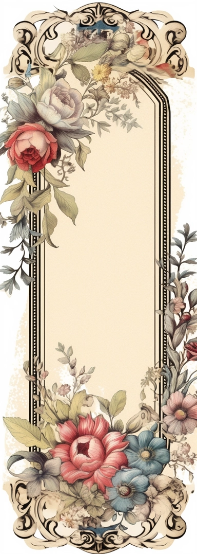 vintage inspired printable rectangle label with intricate sepia colored borders and hand drawn details. detailed with soft watercolor flowers at the top edge only. No text. Isolated clipart on solid white background