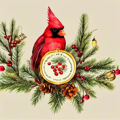 Cardinal bird, vintage lantern, winter greenery. Christmas clipart. Watercolor illustration. Pine fir branches, Holly berry, gold apple, coin. Floral bouquet. Holiday decor for print, card making