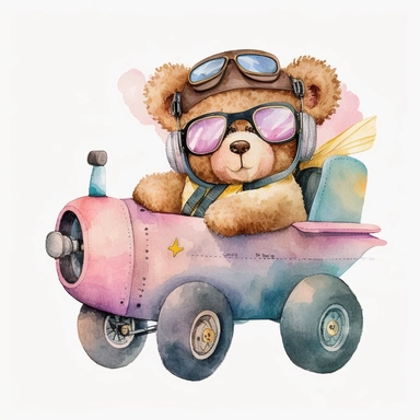 watercolor clipart cute happy teddy bear wearing pilot glasses on driving pink plane, white background