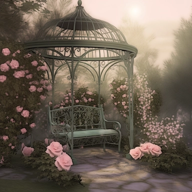 deep colors, fantasy rose evening garden with antique wrought iron bench and gazebo, soft pink and green and khaki colors, romantic, illustration clipart style, thomas kinkade style, shabby chic, ethereal, fantasy, 8k, photo realistic, sharp focus, high precise detail, transparent background, (--iw 15)