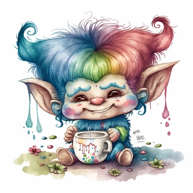 a watercolor clip art character illustration that combines the innocent and angelic expression of Precious Moments with the mischievous and magical attributes of Trolls, beautiful troll with long lashes, enjoying a cup of hot chocolate, white background.