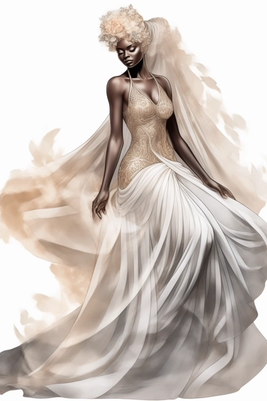 amazing detailed watercolor clipart of a beautiful black woman bride with a beautifully detailed Heavenly draping baroque-inspired haute couture gown on a beautiful young woman stunning seraphim posing a classical fashion setting and a long veil, holding hands with a handsome black groom, no caption, solid white background, cinematic light lighting, hyper-detailed, 8k, high resolution, symmetrical, bodyshot photograph, insanely detailed and intricate, beautiful, elegant, watercolor, cinematic