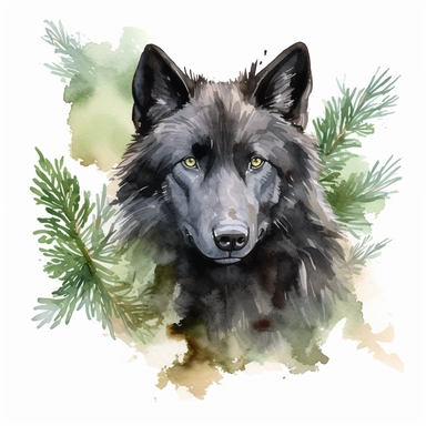 a watercolor of a realistic black dire wolf with green eyes in a pine forrest, wild life Style, vector free clipart illustration, in the style of unreal engine 5, 32k uhd, detailed features, white background