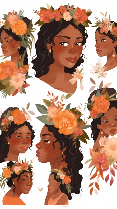 animated clipart bundle african american mother concepts, clipart bundle with beautiful flowers, beautiful faces, beautiful eyes and differential body types and skin tones, harlem Renaissance, Mother's Day White background