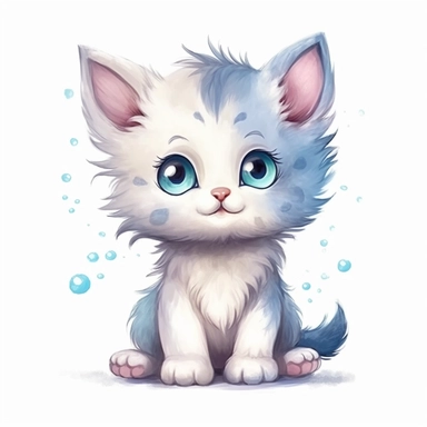a whimsical cute fluffy baby cat cartoon clipart on white background with margins, watercolor, icon, sticker art