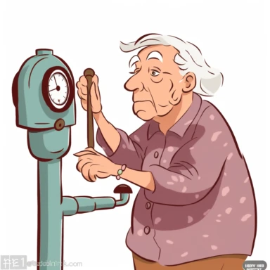 clipart of a grandmother installing a meter on a heating pipe on a white background