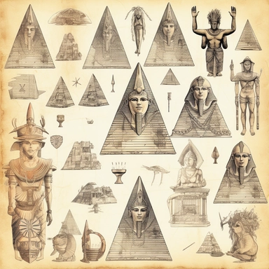 Vintage egyptian gods and pyramids pencil sketch, ephemera paper design with ornate illustrations, vintage, distressed textures, muted colors, craft paper texture, pen and ink on paper with watercolor washes Watercolor, vector, white background, rice paper texture, clipart, Seamless patterns, repeating patterns design, flat illustration, outlined , Vector, 4K, Art station, digital print, highly detailed clean, detailed illustration, 3D vector art, cute and quirky, fantasy art, watercolor effect,