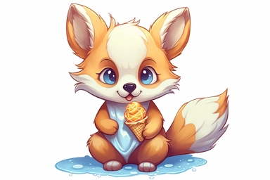 cute anime baby fox eating fruit ice-cream clipart, hd, on white background, spaced out