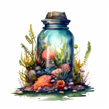 Horror style overrealistic mystical rusted flask ruins covered mosses and seashells bottom of the sea with watercolor effect, dark blue water, dark green mosses, deep water, sea plants, coral and mussel, , random fishes, undersea details, suitable for digital clipart, white background