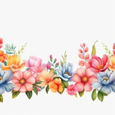 watercolor, Horizontal white banner or floral backdrop decorated with gorgeous multicolored blooming flowers and leaves border. Spring botanical png Full body realistic cartoon in 32K UHD cute. 15 cm thick outline. Black color. There was no shadow on the ground. 8k with realistic watercolors and detailed illustrations. PNG clipart, transparent white background