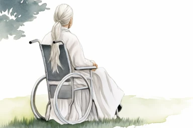 back view tall thin 50-year old woman wearing white dressing gown with white hair in braids sitting in old wheelchair, right hand is reaching to the side, on lawn, watercolor, and ink drawing, clipart, happy, gentle smile, beautiful watercolor ink wash coloring, thick pencil lines, Wes Anderson, Adrian tomine, popular on etsy, watercolor illustrations clipart, watercolor illlustrations for kids, white backgroundgolden hour