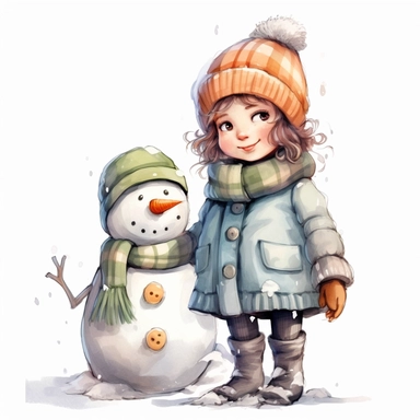 a happy little cute girl in a five-year-old, snowman, winter, style by Lusy Fleming, folk art, watercolor, clipart elements, smooth gradients, black contour outline, ultra detailed, white background, super clear, high quality