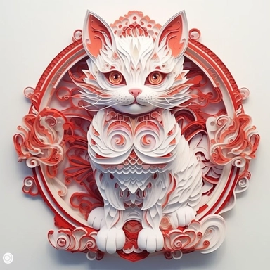 Maneki-neko, Domestic Shorthair, joyful, paper quilling In the style of Brian Froud & Alan Lee, clipart, complex design, dreamy color, white contour, white background only