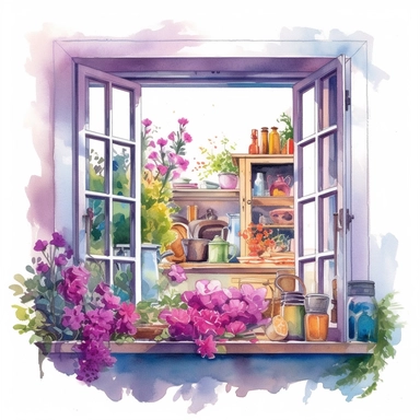 watercolor, hyper realistic, white background, white margins, 16k, ultra detailed clipart, cut out image, hand-drawn a kitchen window overlooking a vibrant garden, with pink and purple flowers in full bloom. in the style of colorful ink wash paintings, charming character illustrations, piles/stacks, creative commons attribution, digital painting, barroco
