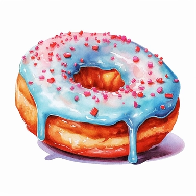 a beautiful detailed watercolor artwork of delicious Glazed donut donut, food art, clipart, clear border, hd, on white background,