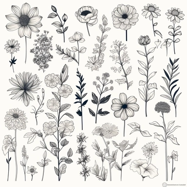 clipart collection of hand drawn flowers, pure minimalism, 2d style, based on printed graphics, white background, no watermark, text, words, brushes, typography, images The pictures don't stick together, just a flower on a white, crisp black background