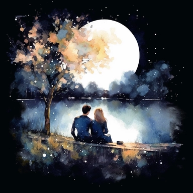 Watercolor, A couple by the river in bloom, night,clipart on black background